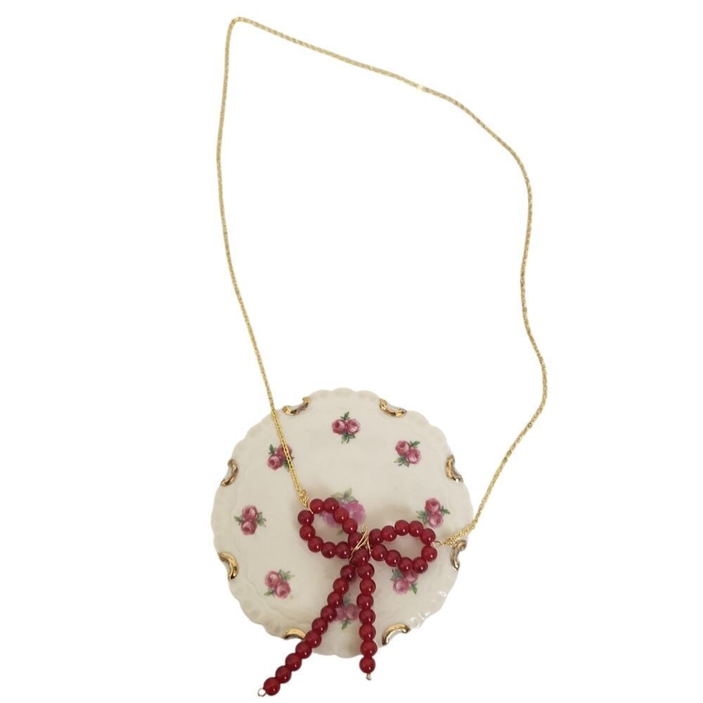 18k Gold Red Glass Coquette Bow Necklace